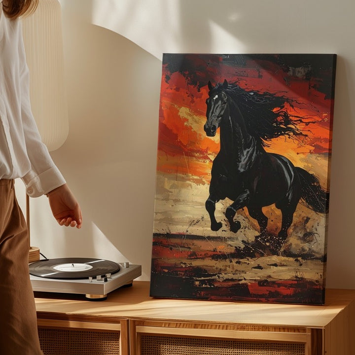 Firebound Fury Canvas – Black Horse Galloping Through Flames - Gifitto