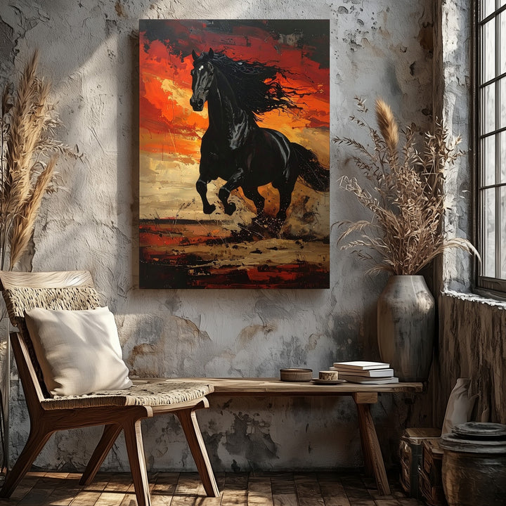 Firebound Fury Canvas – Black Horse Galloping Through Flames - Gifitto