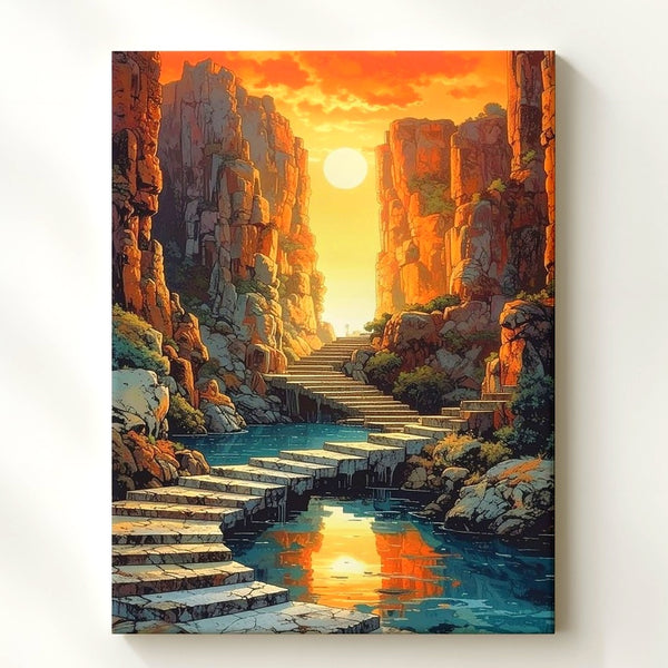 Mystical Stone Staircase Canvas – Surreal Golden Canyon Landscape - Gifitto