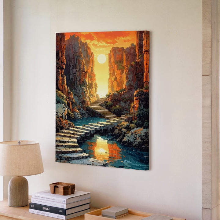 Mystical Stone Staircase Canvas – Surreal Golden Canyon Landscape - Gifitto