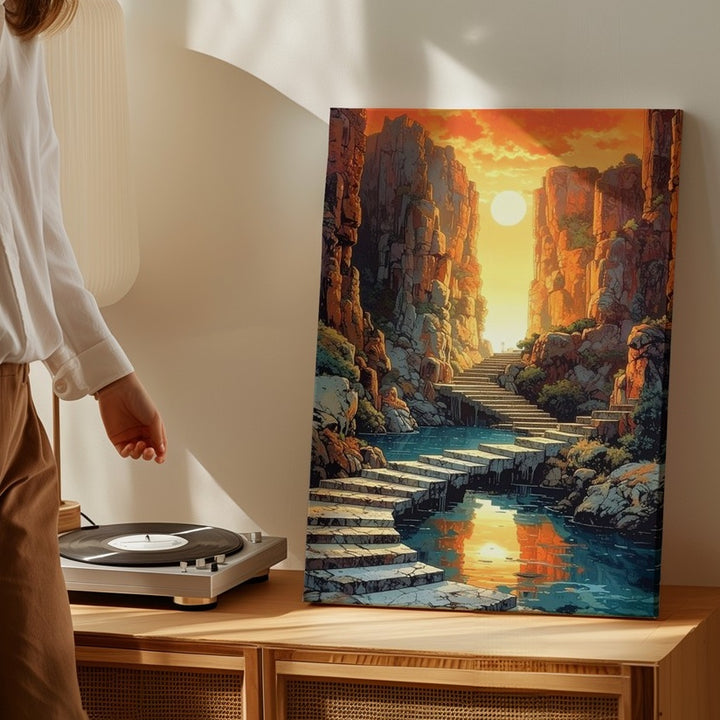Mystical Stone Staircase Canvas – Surreal Golden Canyon Landscape - Gifitto