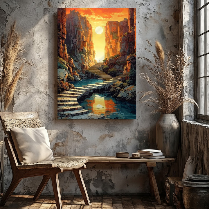 Mystical Stone Staircase Canvas – Surreal Golden Canyon Landscape - Gifitto