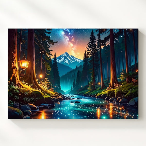 Twilight Forest Journey Canvas – Bioluminescent Stream and Enchanted Night Sky Wall Art - Gifitto