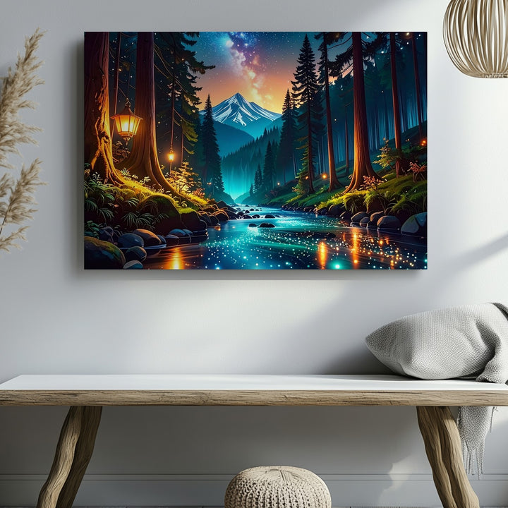 Twilight Forest Journey Canvas – Bioluminescent Stream and Enchanted Night Sky Wall Art - Gifitto