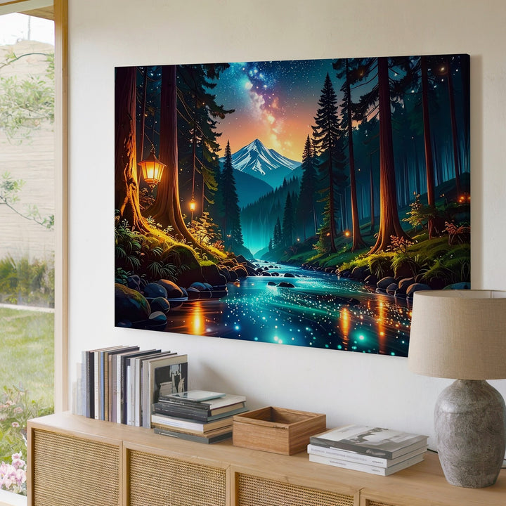 Twilight Forest Journey Canvas – Bioluminescent Stream and Enchanted Night Sky Wall Art - Gifitto