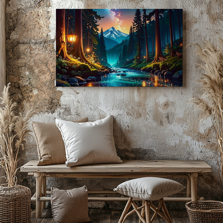 Twilight Forest Journey Canvas – Bioluminescent Stream and Enchanted Night Sky Wall Art - Gifitto