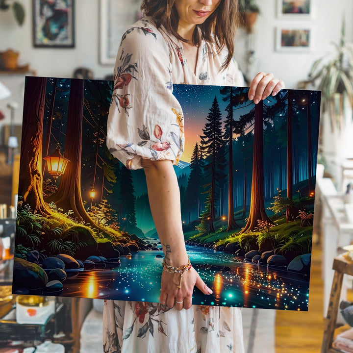Twilight Forest Journey Canvas – Bioluminescent Stream and Enchanted Night Sky Wall Art - Gifitto