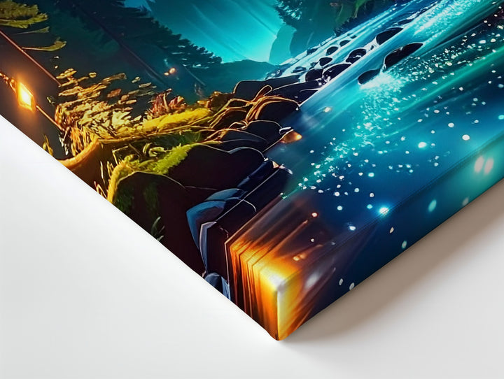 Twilight Forest Journey Canvas – Bioluminescent Stream and Enchanted Night Sky Wall Art - Gifitto