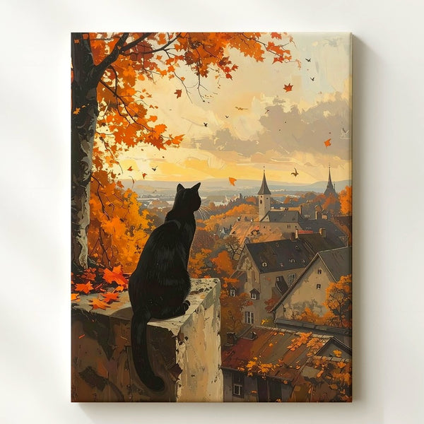 Autumn View Cat Canvas – Dreamy Village Sunset Wall Art - Gifitto