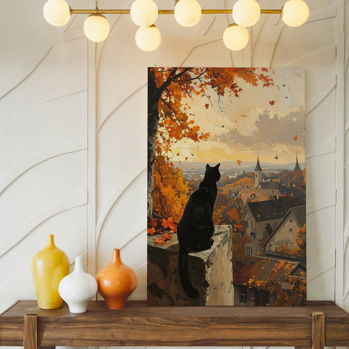 Autumn View Cat Canvas – Dreamy Village Sunset Wall Art - Gifitto