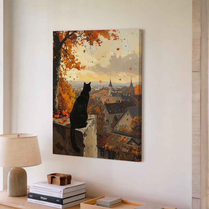 Autumn View Cat Canvas – Dreamy Village Sunset Wall Art - Gifitto