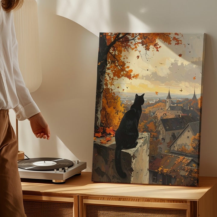 Autumn View Cat Canvas – Dreamy Village Sunset Wall Art - Gifitto