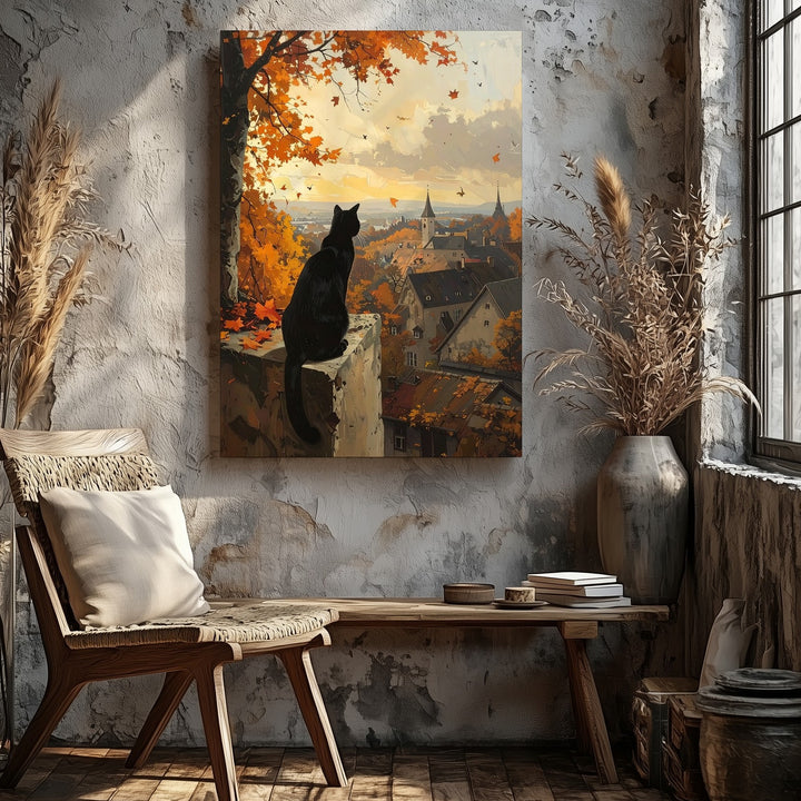 Autumn View Cat Canvas – Dreamy Village Sunset Wall Art - Gifitto