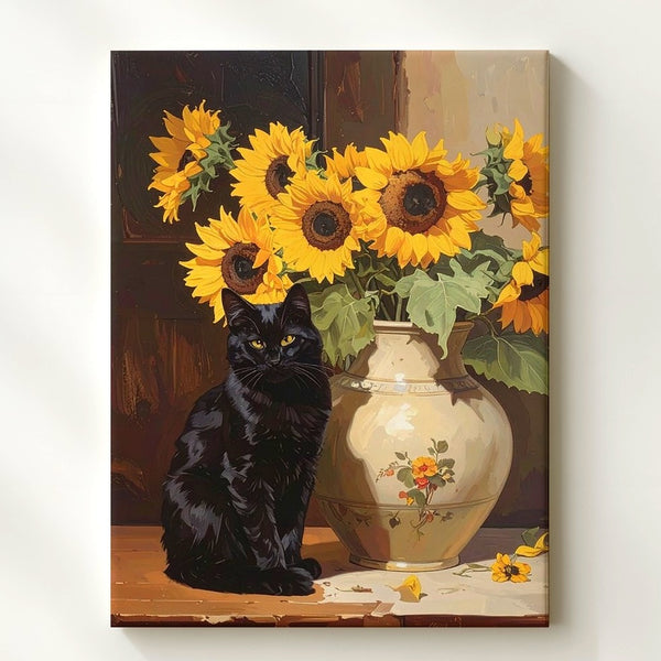 Black Cat & Sunflowers Canvas – Classical Still Life Feline Wall Art - Gifitto