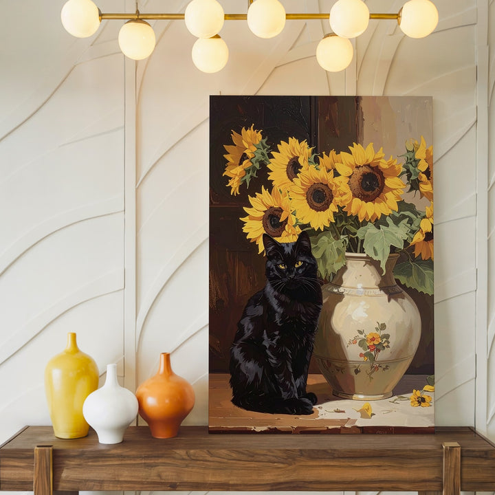 Black Cat & Sunflowers Canvas – Classical Still Life Feline Wall Art - Gifitto