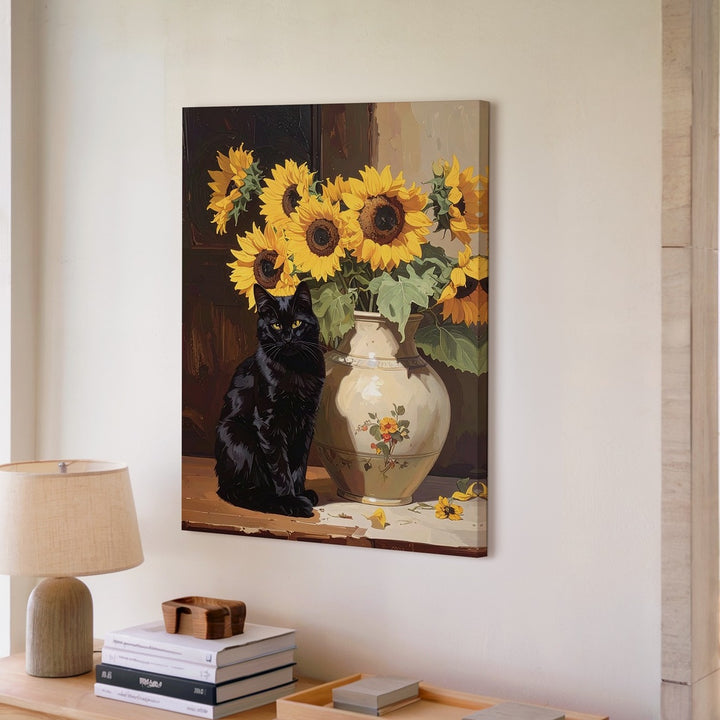 Black Cat & Sunflowers Canvas – Classical Still Life Feline Wall Art - Gifitto