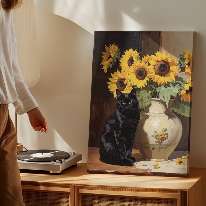 Black Cat & Sunflowers Canvas – Classical Still Life Feline Wall Art - Gifitto