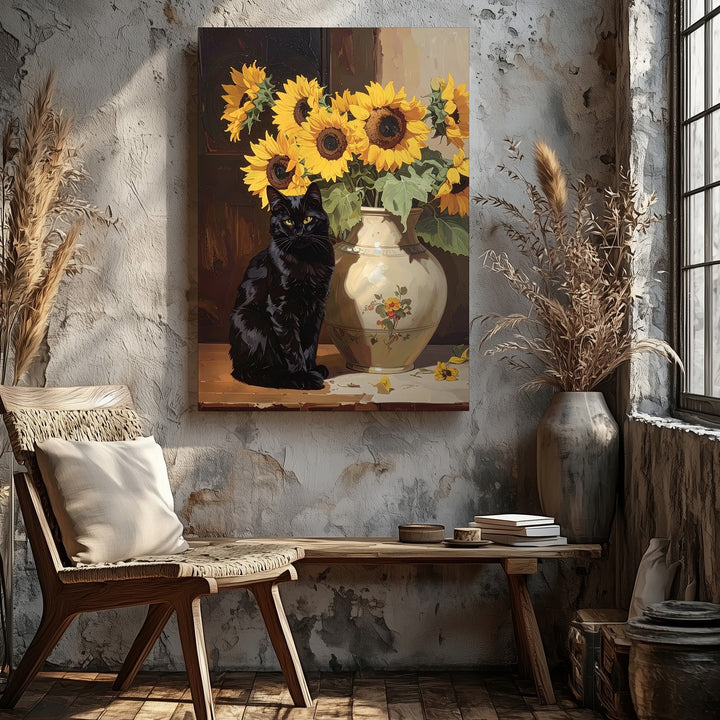 Black Cat & Sunflowers Canvas – Classical Still Life Feline Wall Art - Gifitto
