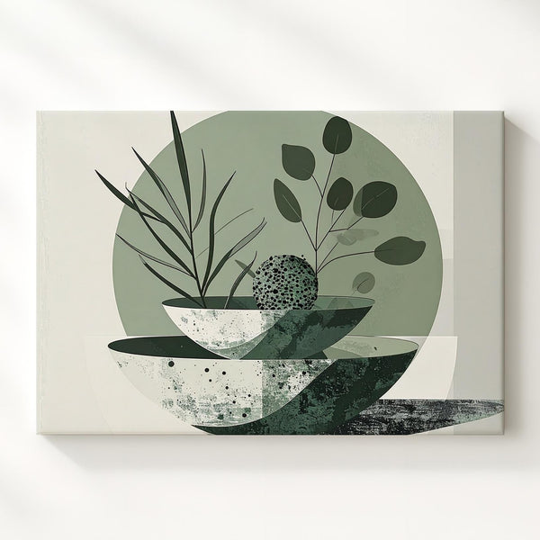 Green Bowl Abstract Canvas – Minimalist Design with Botanical Elements - Gifitto