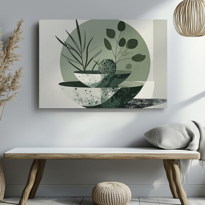 Green Bowl Abstract Canvas – Minimalist Design with Botanical Elements - Gifitto
