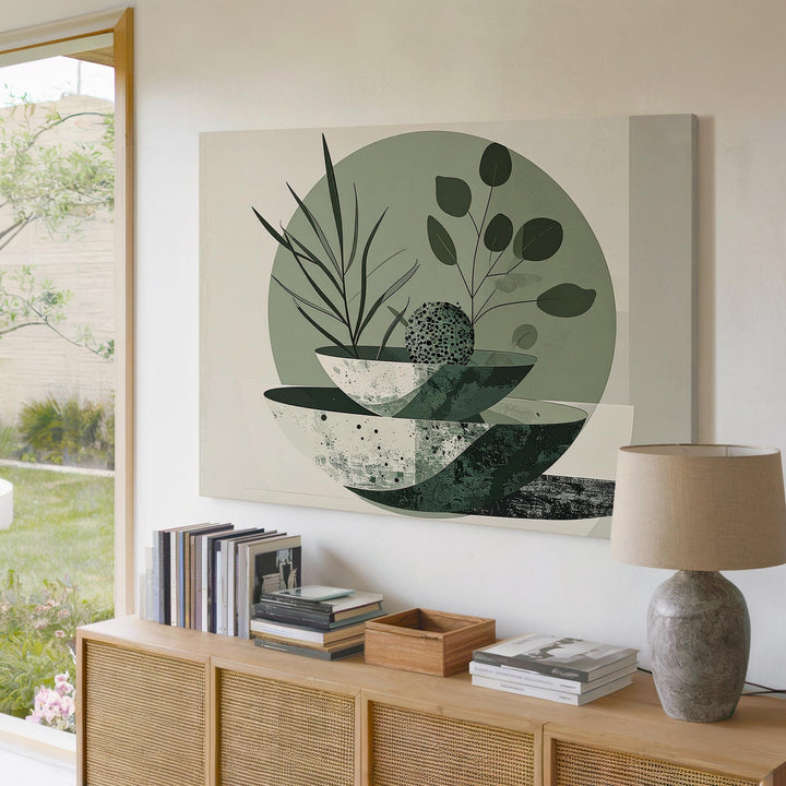 Green Bowl Abstract Canvas – Minimalist Design with Botanical Elements - Gifitto