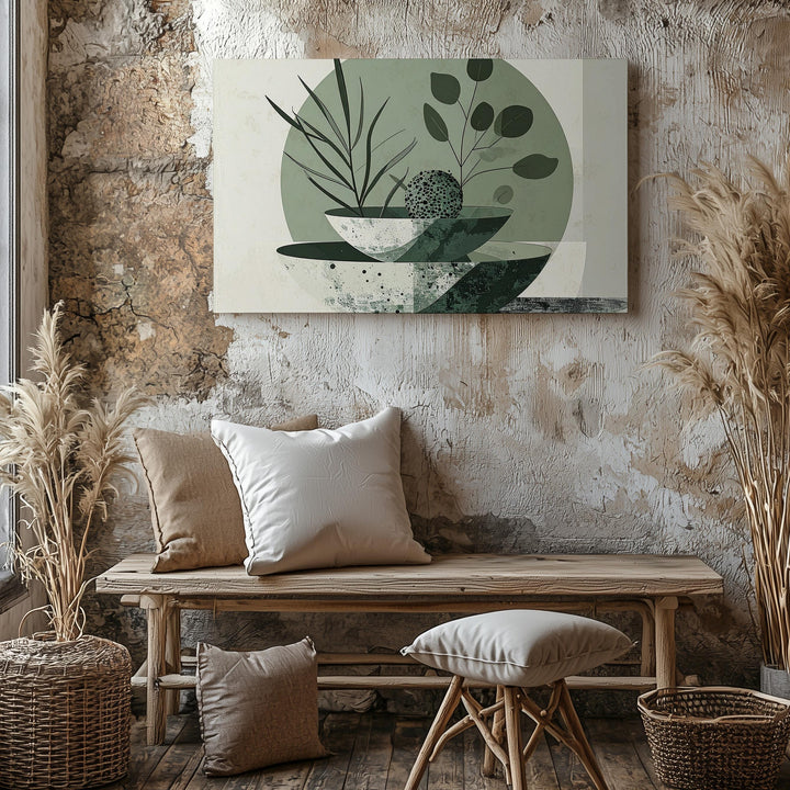 Green Bowl Abstract Canvas – Minimalist Design with Botanical Elements - Gifitto