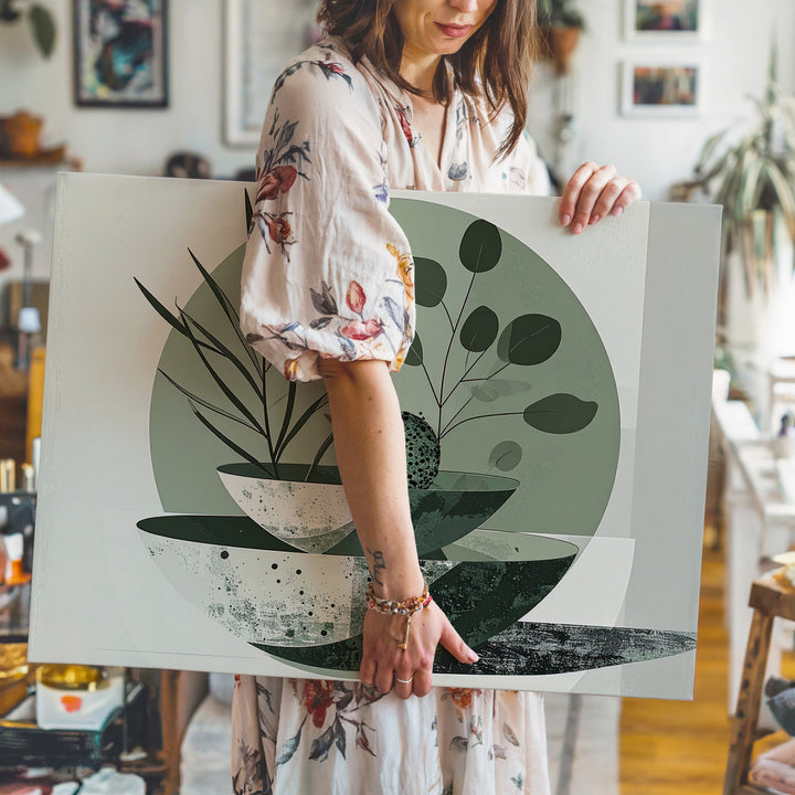 Green Bowl Abstract Canvas – Minimalist Design with Botanical Elements - Gifitto