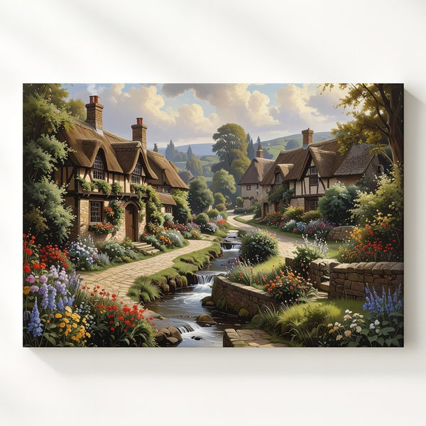 Idyllic Village Canvas – Peaceful Storybook Cottage and Serene Stream Wall Art - Gifitto