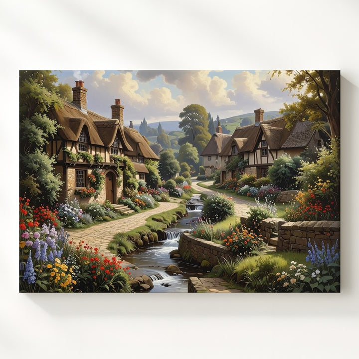 Idyllic Village Canvas – Peaceful Storybook Cottage and Serene Stream Wall Art - Gifitto