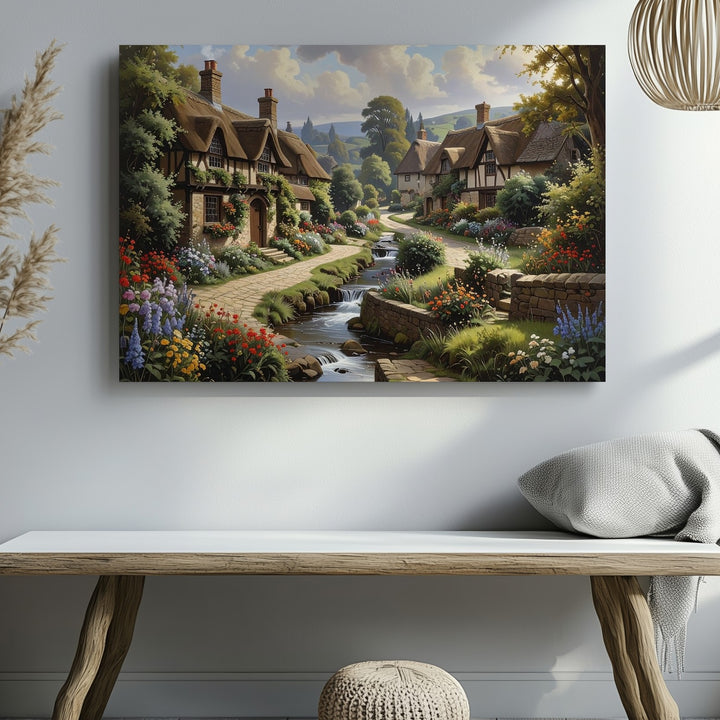 Idyllic Village Canvas – Peaceful Storybook Cottage and Serene Stream Wall Art - Gifitto