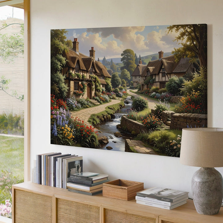 Idyllic Village Canvas – Peaceful Storybook Cottage and Serene Stream Wall Art - Gifitto