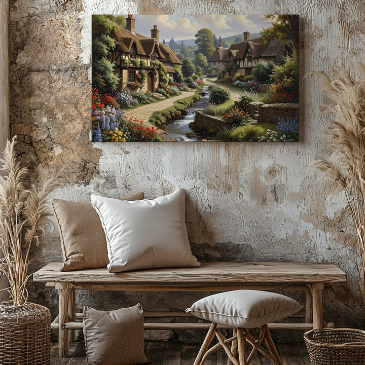 Idyllic Village Canvas – Peaceful Storybook Cottage and Serene Stream Wall Art - Gifitto