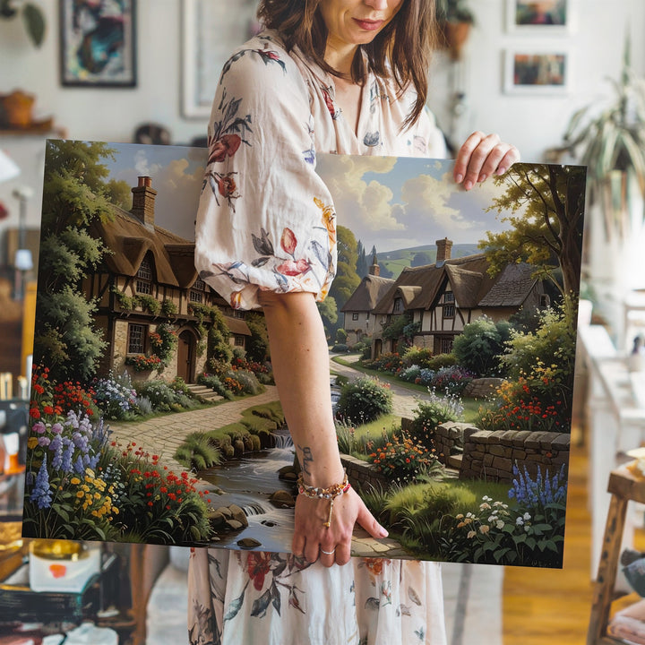 Idyllic Village Canvas – Peaceful Storybook Cottage and Serene Stream Wall Art - Gifitto