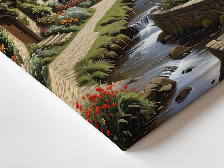 Idyllic Village Canvas – Peaceful Storybook Cottage and Serene Stream Wall Art - Gifitto