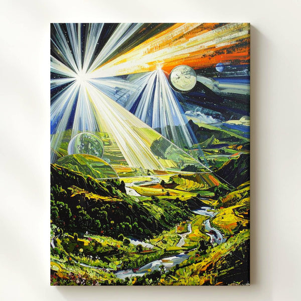 Otherworldly Landscape Canvas – Cosmic Light Beams & Lush Greenery Art - Gifitto