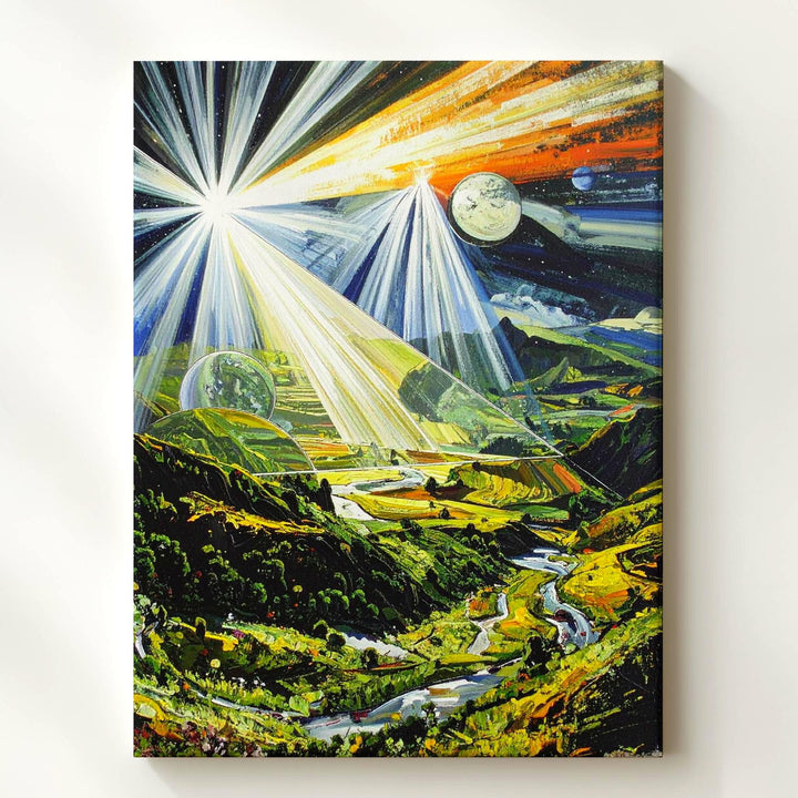 Otherworldly Landscape Canvas – Cosmic Light Beams & Lush Greenery Art - Gifitto