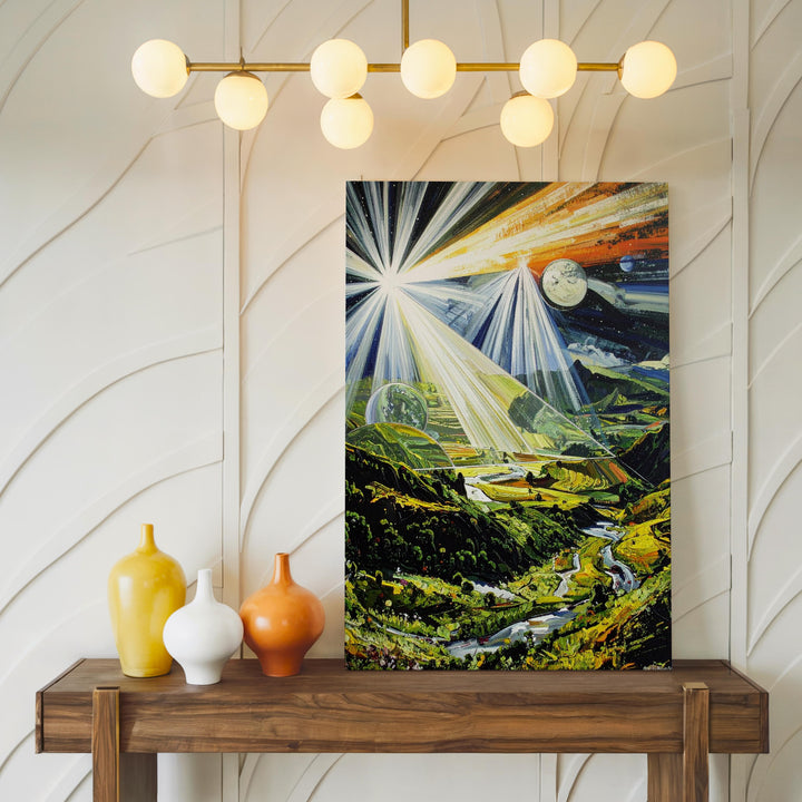 Otherworldly Landscape Canvas – Cosmic Light Beams & Lush Greenery Art - Gifitto