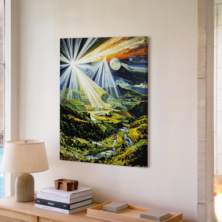 Otherworldly Landscape Canvas – Cosmic Light Beams & Lush Greenery Art - Gifitto