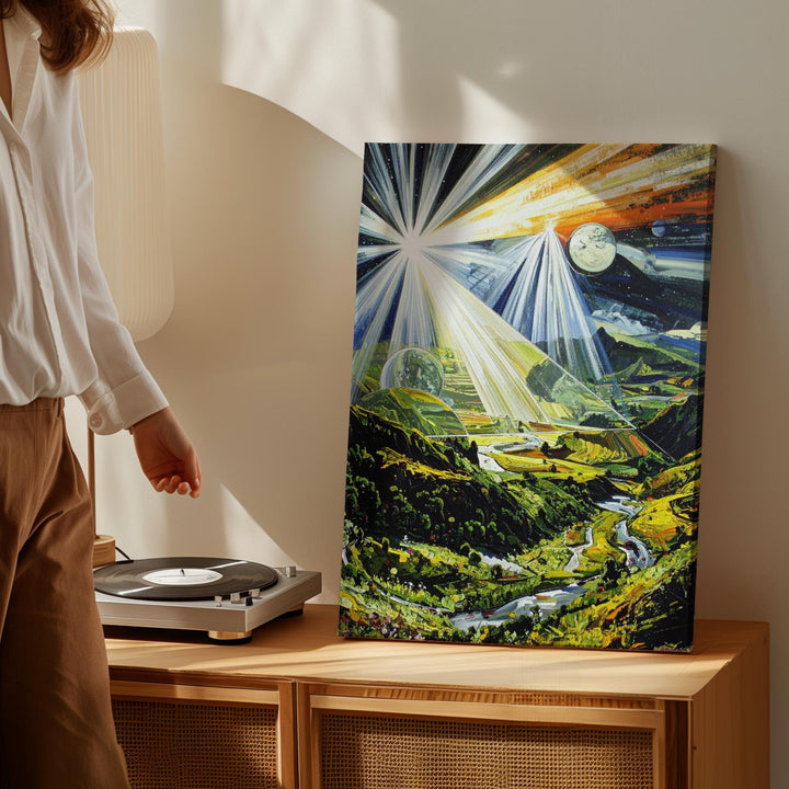 Otherworldly Landscape Canvas – Cosmic Light Beams & Lush Greenery Art - Gifitto