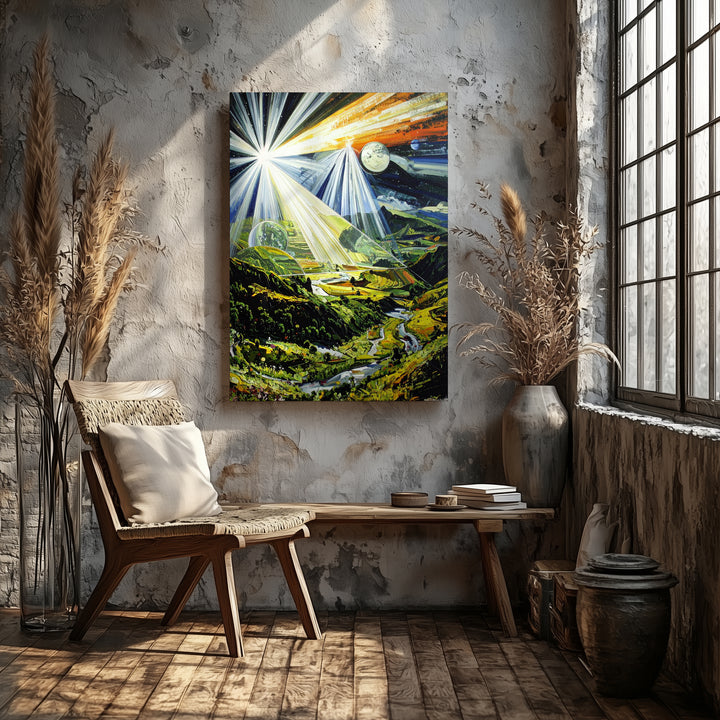 Otherworldly Landscape Canvas – Cosmic Light Beams & Lush Greenery Art - Gifitto