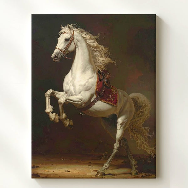 Royal Ascent Canvas – Classical White Horse Rearing with Regal Red and Gold - Gifitto