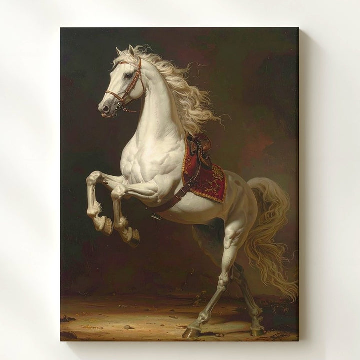 Royal Ascent Canvas – Classical White Horse Rearing with Regal Red and Gold - Gifitto