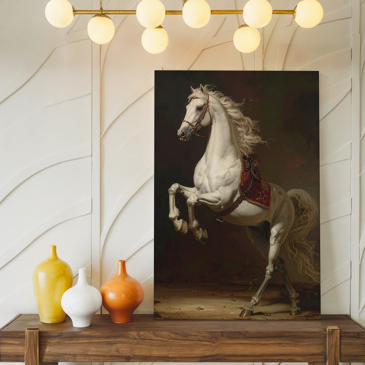 Royal Ascent Canvas – Classical White Horse Rearing with Regal Red and Gold - Gifitto