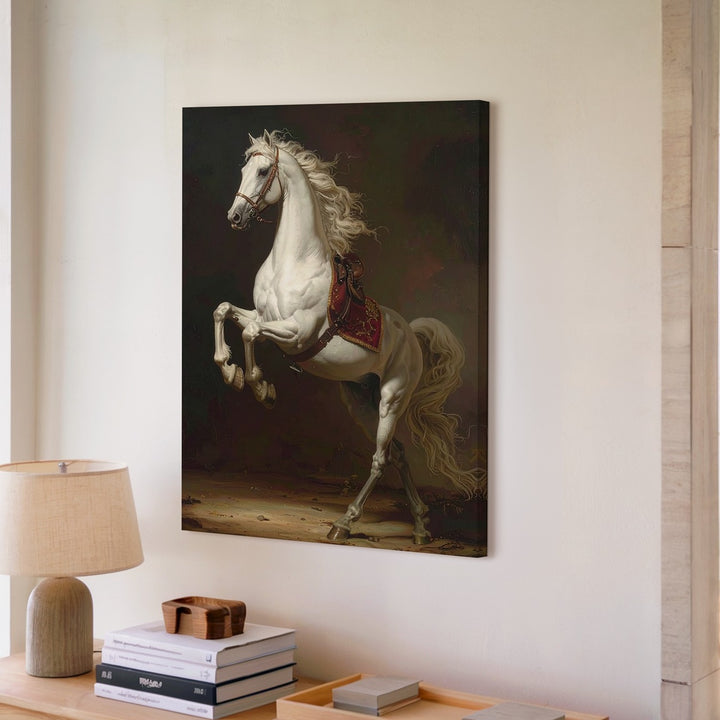 Royal Ascent Canvas – Classical White Horse Rearing with Regal Red and Gold - Gifitto