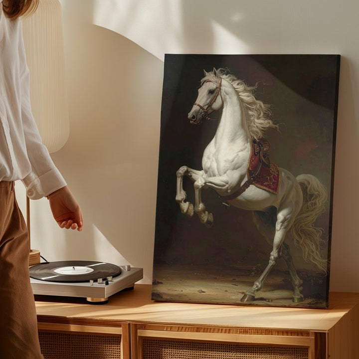 Royal Ascent Canvas – Classical White Horse Rearing with Regal Red and Gold - Gifitto
