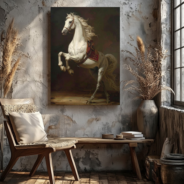 Royal Ascent Canvas – Classical White Horse Rearing with Regal Red and Gold - Gifitto