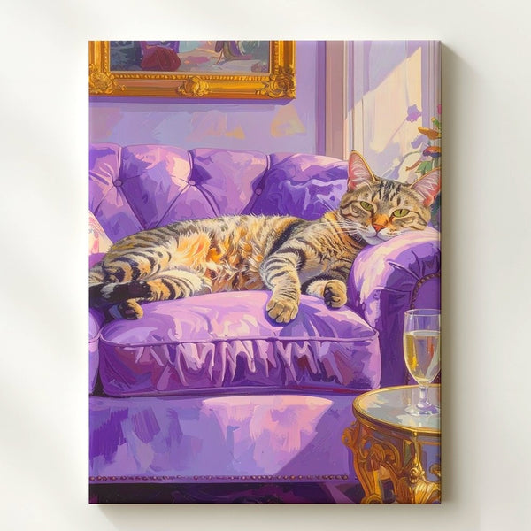 Regal Tabby on Velvet Sofa Canvas – Luxurious Feline Lounge Wall Art - Gifitto