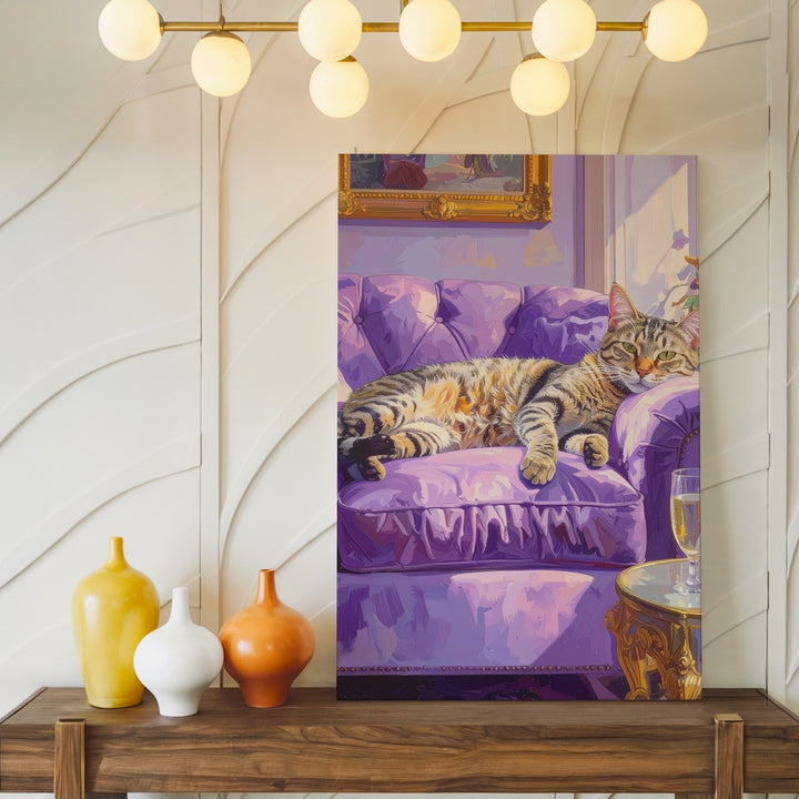 Regal Tabby on Velvet Sofa Canvas – Luxurious Feline Lounge Wall Art - Gifitto