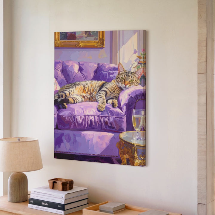Regal Tabby on Velvet Sofa Canvas – Luxurious Feline Lounge Wall Art - Gifitto