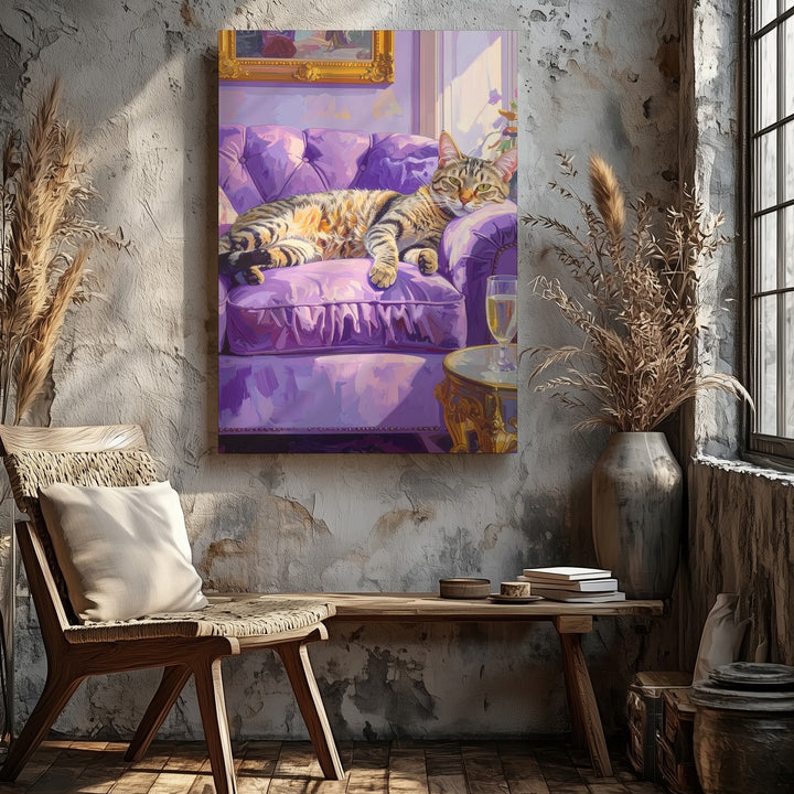 Regal Tabby on Velvet Sofa Canvas – Luxurious Feline Lounge Wall Art - Gifitto